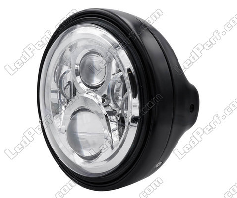 Beispiel eines schwarzen runden Scheinwerfers mit verchromter LED-Optik von Ducati Sport 1000